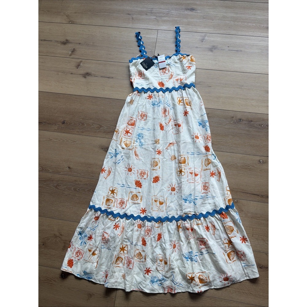 Cece Maxi Sundress Seashore Linen Blend Smocked Back Beach Resortwear Women XS